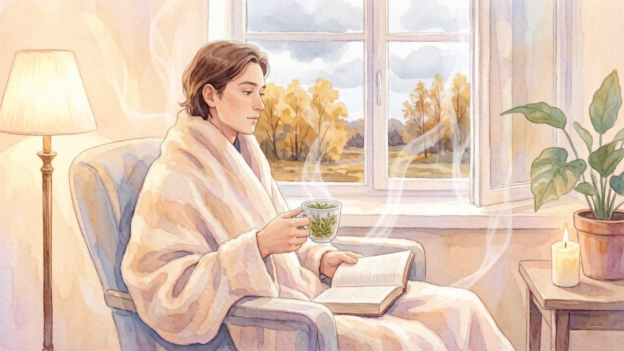 Человек с чаем и книгой в кресле у окна в тихий осенний день — иллюстрация к дню отдыха в гороскопе